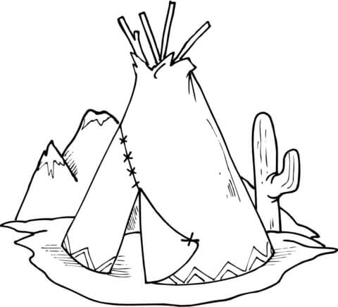 Tipi (Teepee) And Cactus Coloring Page